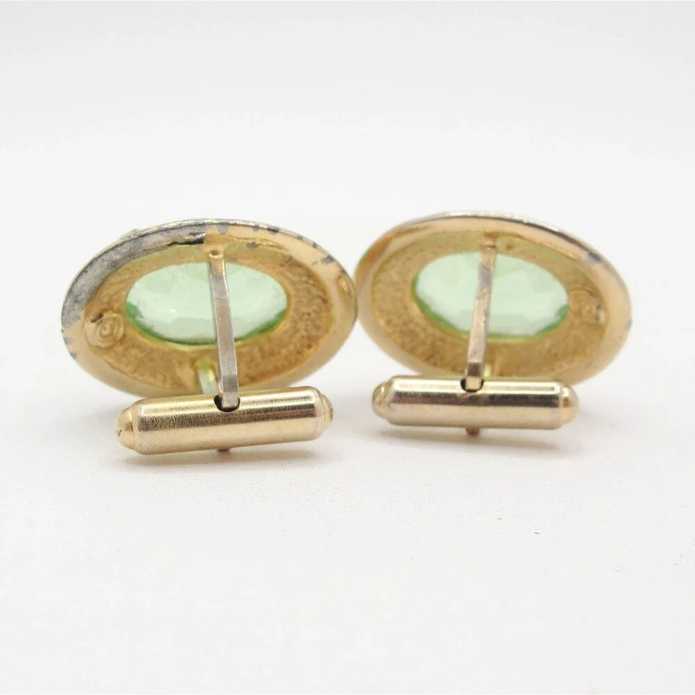 Vintage Swank Green Glass Gold Tone Oval Cufflinks Mens Formal Wedding Groomsmen
